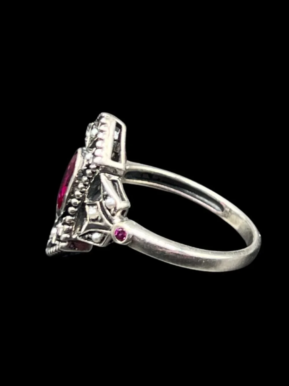 Vintage Art Deco Sterling Silver Ring With Dark Pink Red Tourmaline 925 in Box